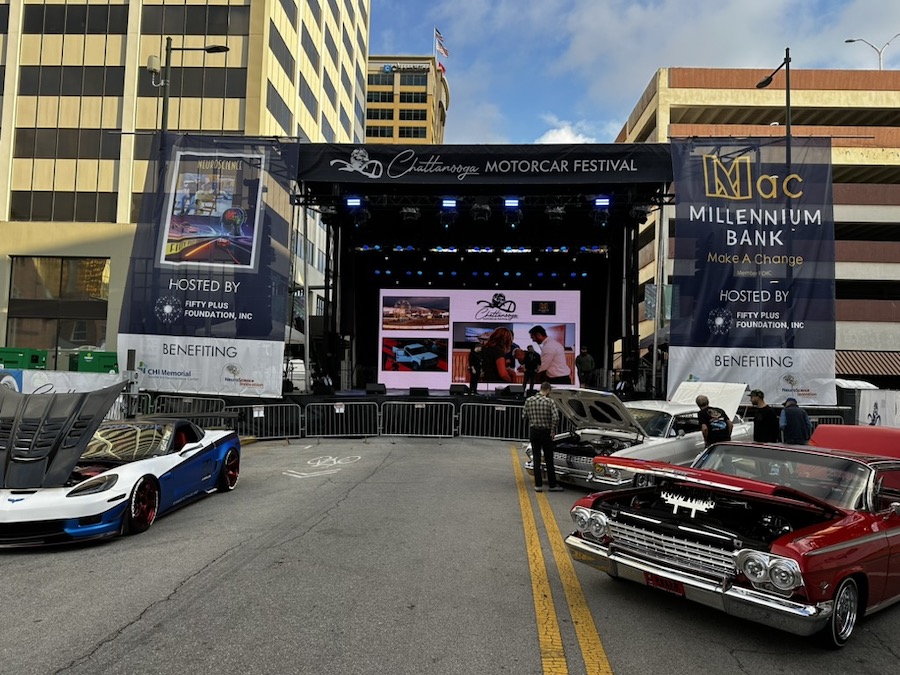 Downtown car show with a large stage rented by Technical Elements.
