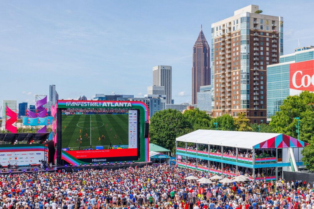 View of packed crowd in Centennial Olympic Park for FIFA Fan Festival Atlanta